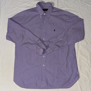 Ralph Lauren Dress Shirt Men's‎ 17/43 Purple White Stripes 100% Cotton Casual